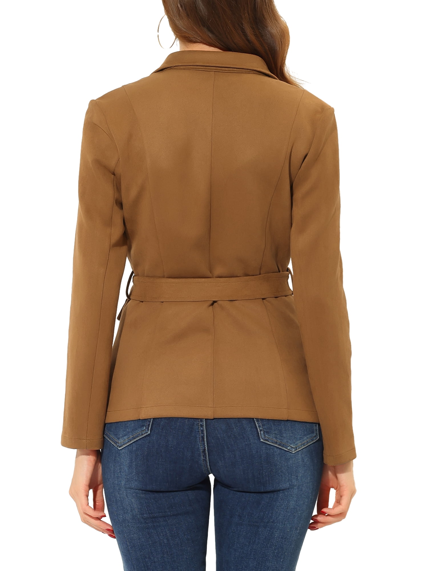 Unique Bargains Women's Faux Suede Belted Long Sleeve Single Breasted Blazer M Brown