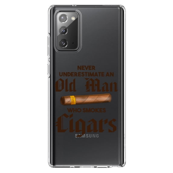 DistinctInk Clear Shockproof Hybrid Case for Galaxy Note 20 ULTRA (6.9" Screen) - TPU Bumper Acrylic Back Tempered Glass Screen Protector - Never Underestimate Old Man Who Smokes Cigars