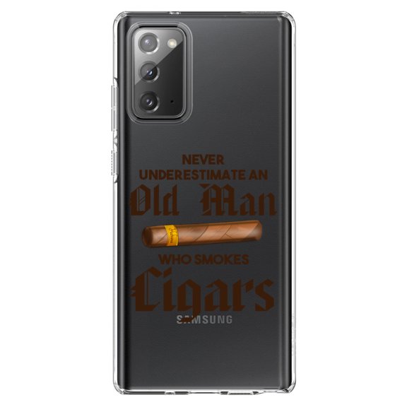 DistinctInk Clear Shockproof Hybrid Case for Galaxy Note 20 ULTRA (6.9" Screen) - TPU Bumper Acrylic Back Tempered Glass Screen Protector - Never Underestimate Old Man Who Smokes Cigars
