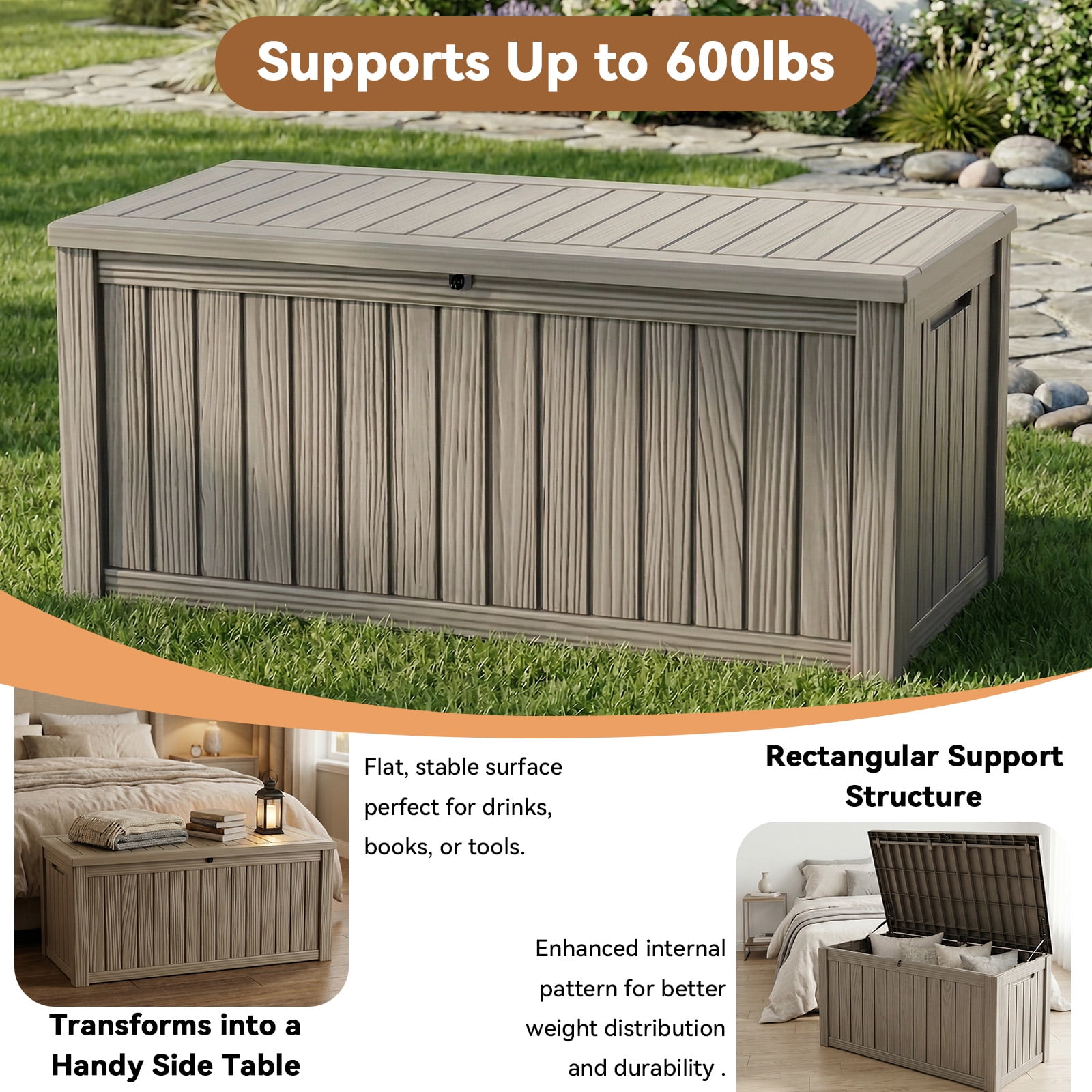 EASY UP 120gallon outdoor resin storage deck box, weather-resistant and lockable, suitable for storing tools, clothing, and packages; ideal for garages, gardens, and bedrooms (LIGHT BROWN).