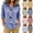 Black, variant on Women Gingham Plaid Collared Button Down Shirt Large Decor Buttons Roll Tab 3/4 Sleeve T Shirts Loose Casual Tunic Tops Cotton Blend Tshirt