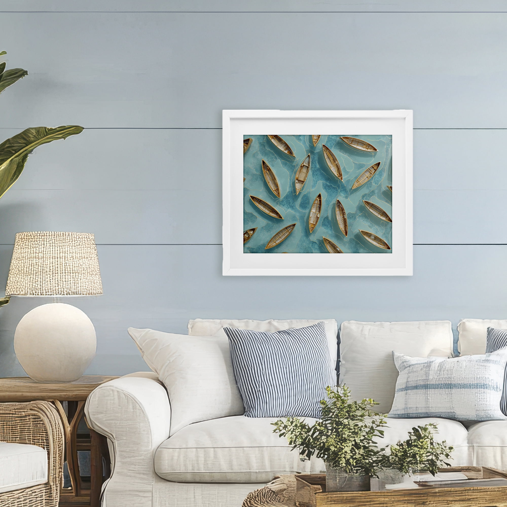 Harmonious Canoes on Water White Framed Print Under Glass, design by Franklyn Gregory