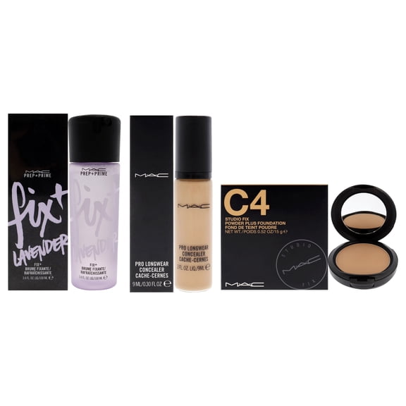 MAC Prep Plus Prime Fix Plus Finishing Mist Makeup - Lavender - Pro Longwear Concealer - NC25 and Studio Fix Powder Plus Foundation - C4 - 3 Pc Kit