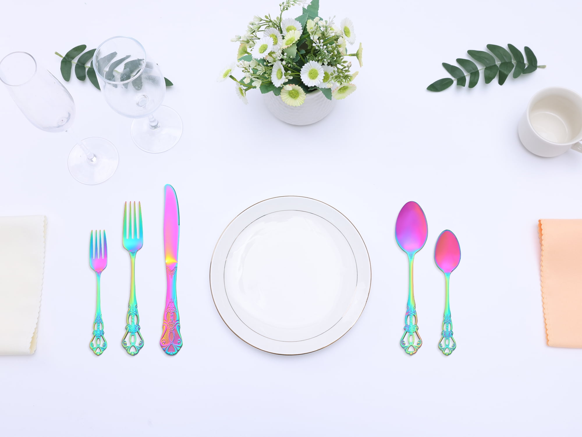 Unique Bargains 20 Piece Stainless Steel Floral Flatware Set Colorful