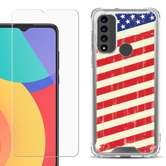 Shockproof Bumper Phone Case for TCL 20 XE, with Tempered Glass Screen Protector, by OneToughShield ® - Flag / USA