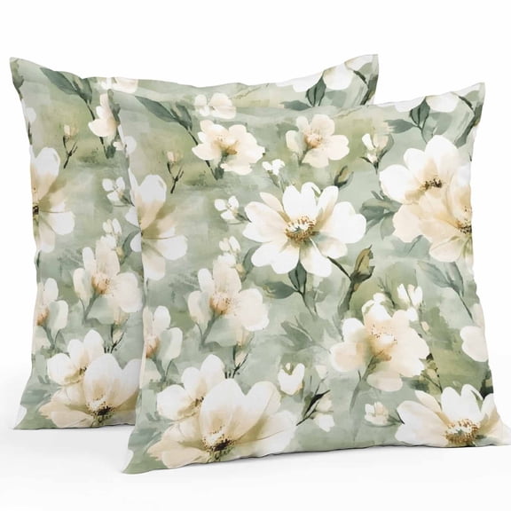 Retro White Outdoor Pillow Covers Pack of 2 Floral Blooming Watercolor Sage Green Oil Paint Waterproof Throw Pillow Covers Decorative Cushion Cases for Patio Garden Tent Balcony Couch 16x16 inch