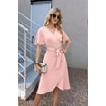 thumbnail image 4 of Women'S Wrap Dress V Neck Short Sleeve Waist Tie Ruffle Split Midi Casual Dress pink S, 4 of 9