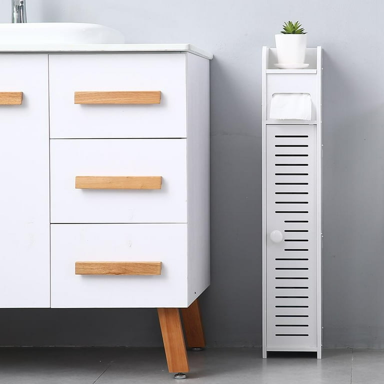 kleankin Slim Bathroom Cabinet, Freestanding Toilet Paper Storage with Two Drawers, Side Towel Rack, Four Castors, White