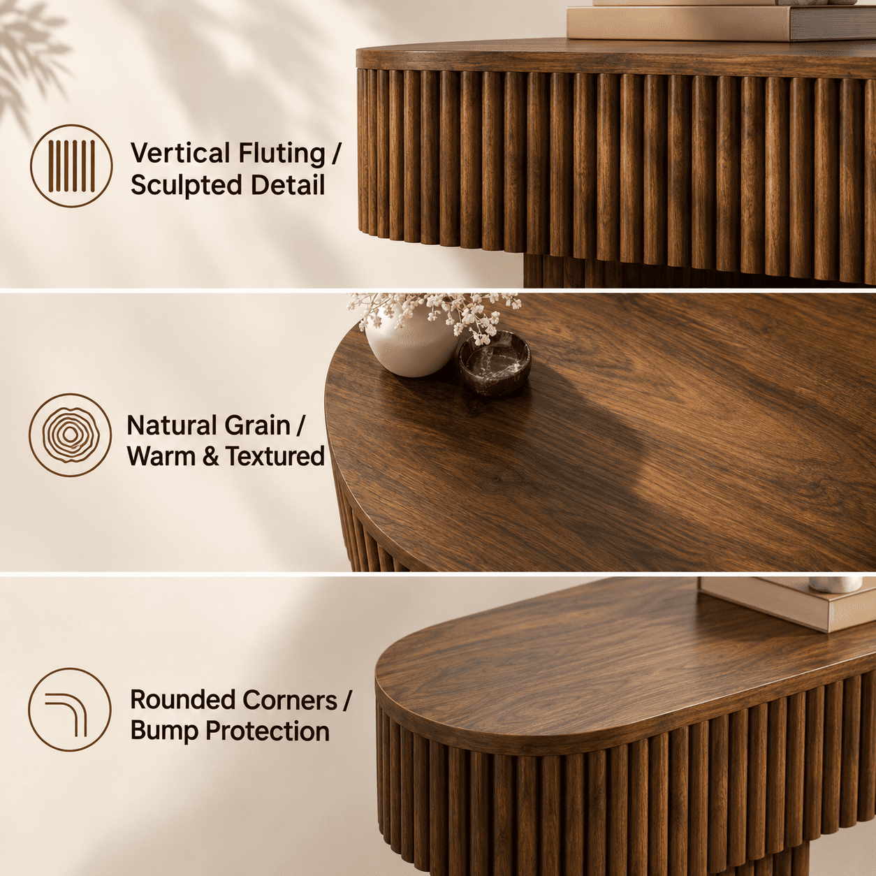 PORKISS 62.9" Console Table with Open Storage, Narrow Long Entryway Table with Rounded Edges, Fluted Sofa Table for Living Room, Hallway, Foyer, Behind Couch, Brown B