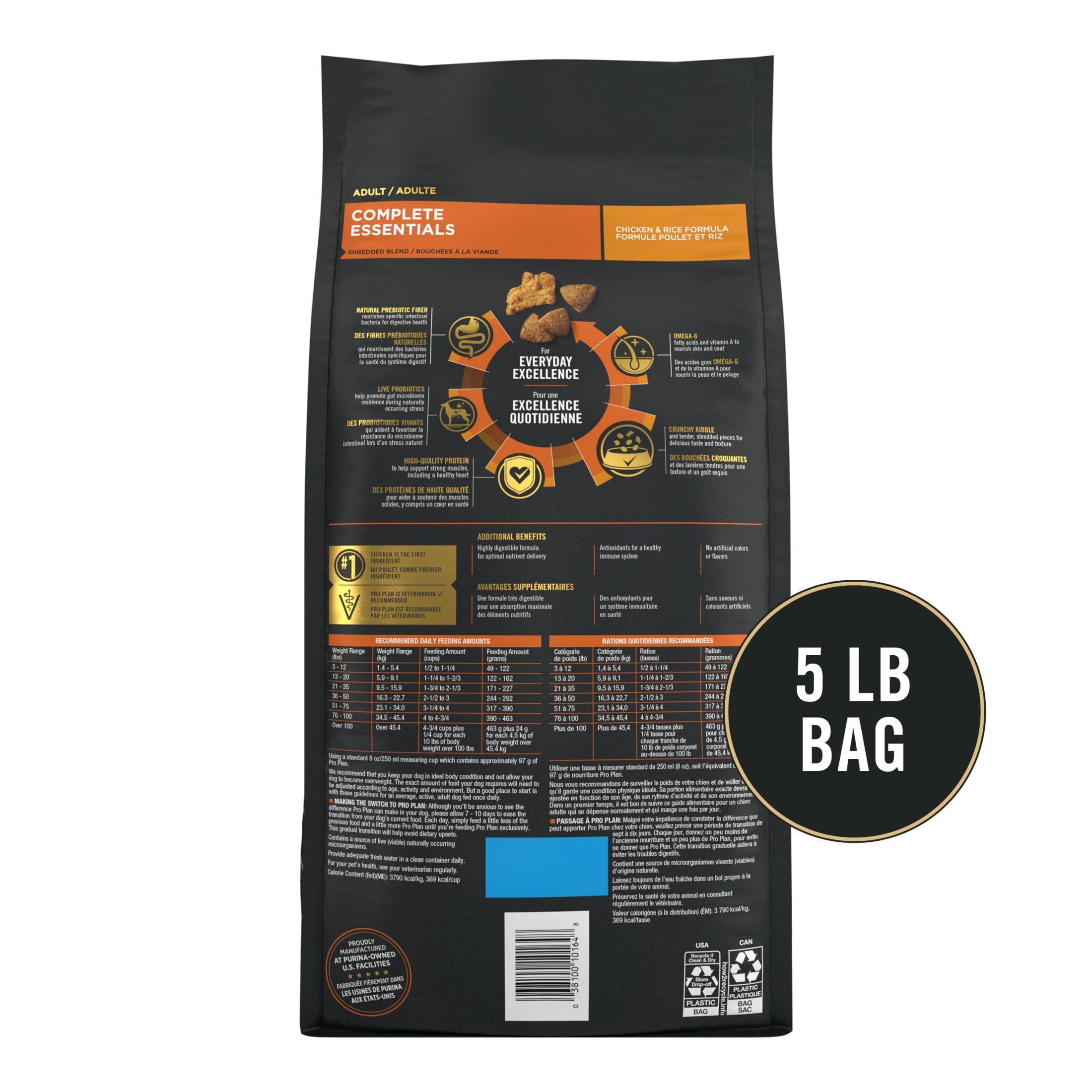 Purina Pro Plan Complete Essentials Shredded Blend Chicken and Rice Dry Dog Food Formula with Probiotics for Dogs, 5 lb.