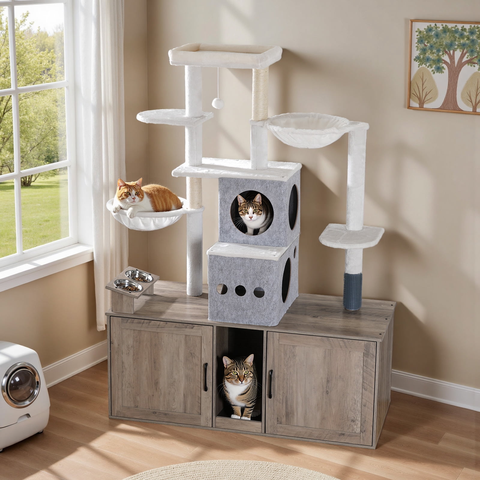 HOOBRO Cat Tree with Dual Litter Box Enclosure, Feeding Bowls, Scratching Posts & Hammocks, Greige