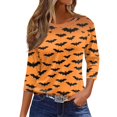 thumbnail image 1 of Camiseta de mujer con estampado de Halloween, manga 3/4, para uso diario, fin de semana, básica, cuello redondo, top regular, 1 of 5