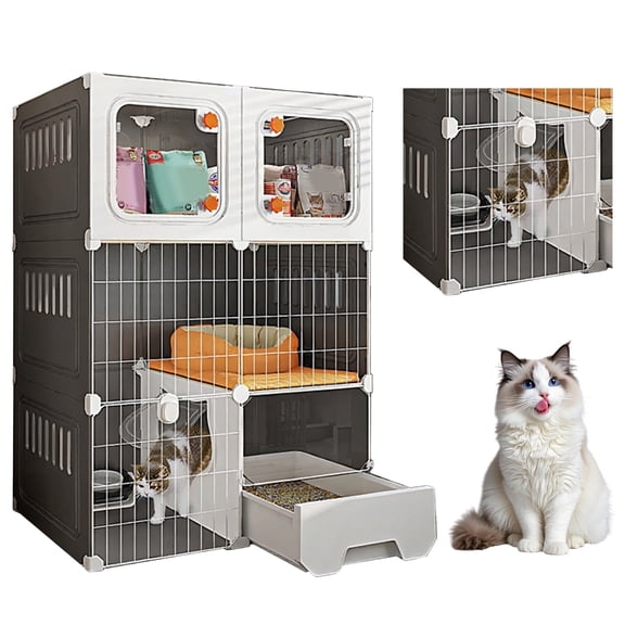 Happyhtes All-in-One Cat House, Large Indoor Cat Cage with Cat Bed, Scratching Board, and Litter Box, Multi-Functional Cat Condo for 1-2 Cats (Grey)