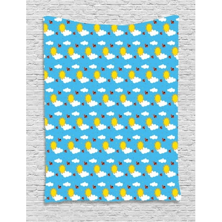 - Kids Tapestry, Sky Cartoon with Fluffy Clouds Sun Cute Ladybugs Flying Childish Summer Inspirations, Wall Hanging for Bedroom Living Room Dorm Decor, 60W X 80L Inches, Multicolor, by Ambesonne
