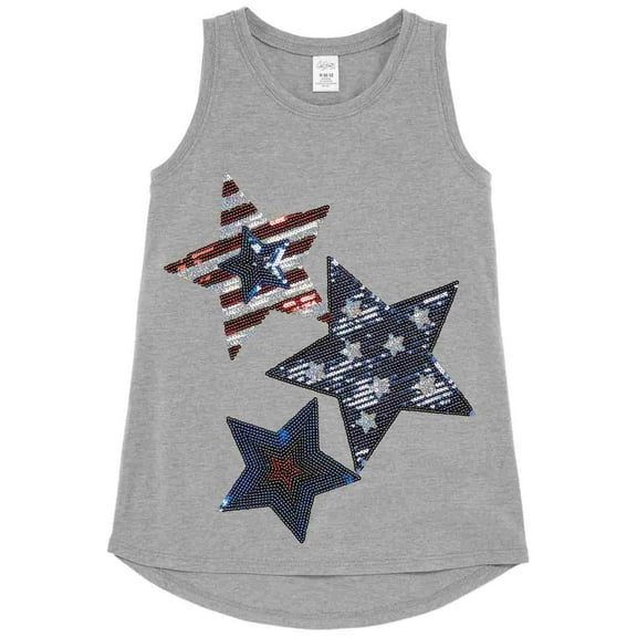 Girls Gray Sequin Stars American Flag Tank Top Patriotic 4th of July Shirt XXS