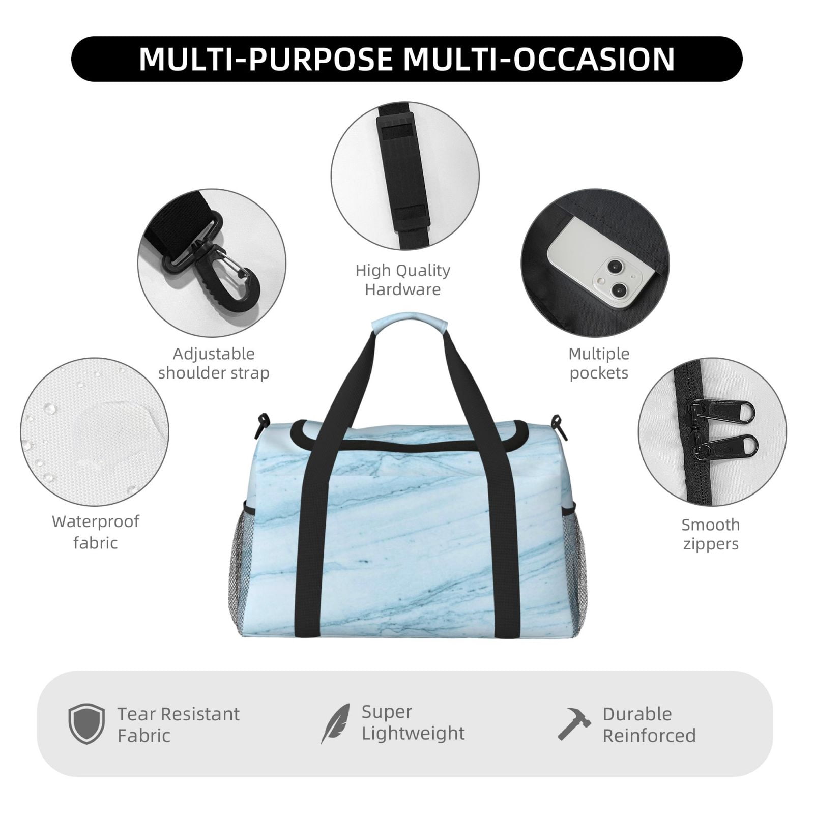 Fuzoiu Blue Marble Print Travel Duffle Bag,Carry On Tote Bags,Duffel Bag,Sport Gym Bag, Hospital Bag for Labor and Delivery, Overnight Bag,Luggage Bag