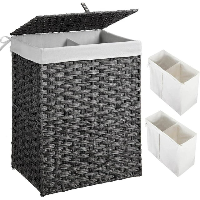 ZXNYH Rattan Laundry Hamper, Double Divided Storage Rattan Hamper