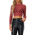 thumbnail image 1 of INSPIRE CHIC Women's Semi-Sheer Blouse Heart Print Crop Tops Party Mesh Top Red M, 1 of 5