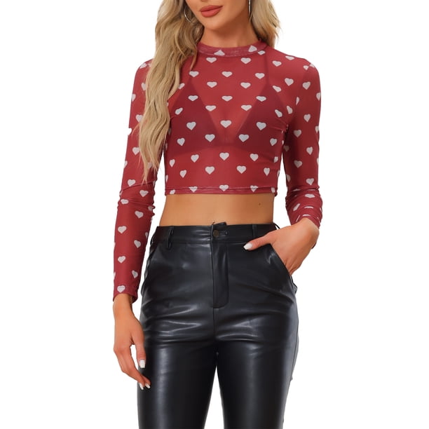 INSPIRAR CHIC Día de San Valentín Top Corto de Mujer Semi-Translúcido de Manga Larga Cuello Redondo Blusa L Roja