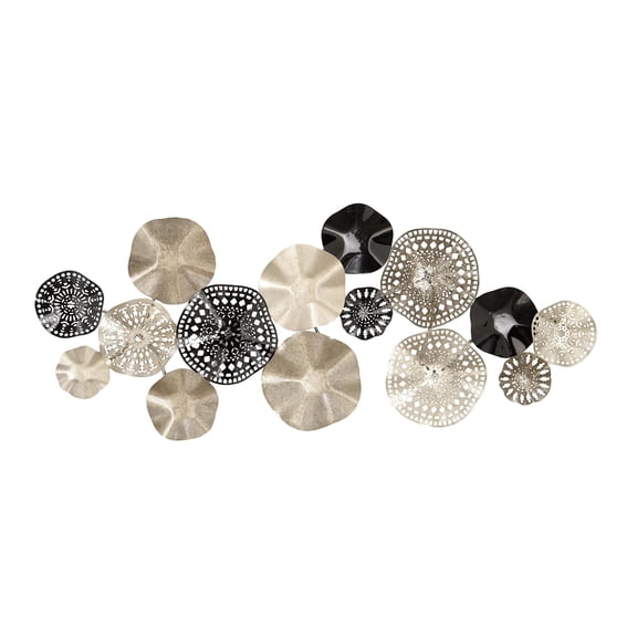DecMode Contemporary Metal Discs with Crumpled and Lattice Patterns Wall Décor, 59"W x 25"H Features Silver/Black Polished Finish