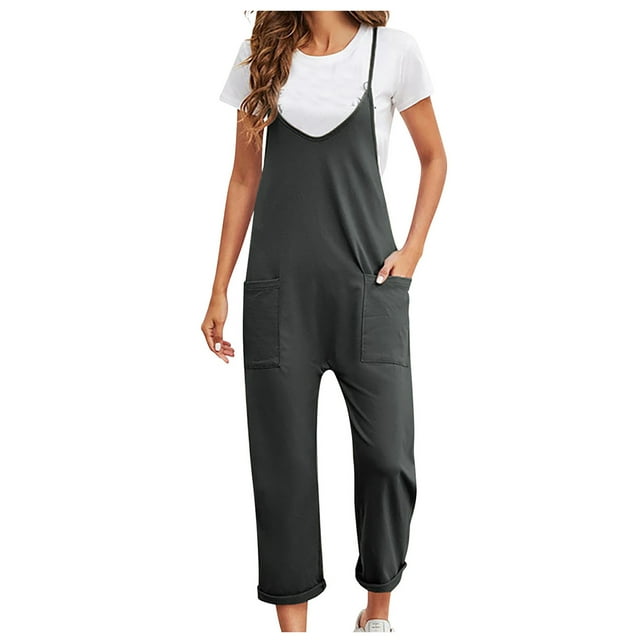 Womens Casual Spaghetti Strap Loose Solid Jumpsuits Baggy Stretchy Straight Long Pant Romper Overalls with Pockets