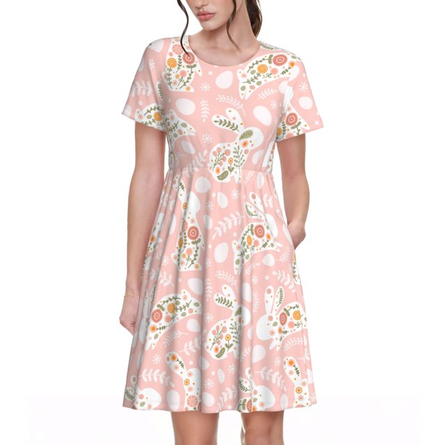 Easygdp Easter Bunny para Vestido Transpirable de Mujer, Vestido Suelto de Manga Corta con Pliegues y Bolsillos para el Verano