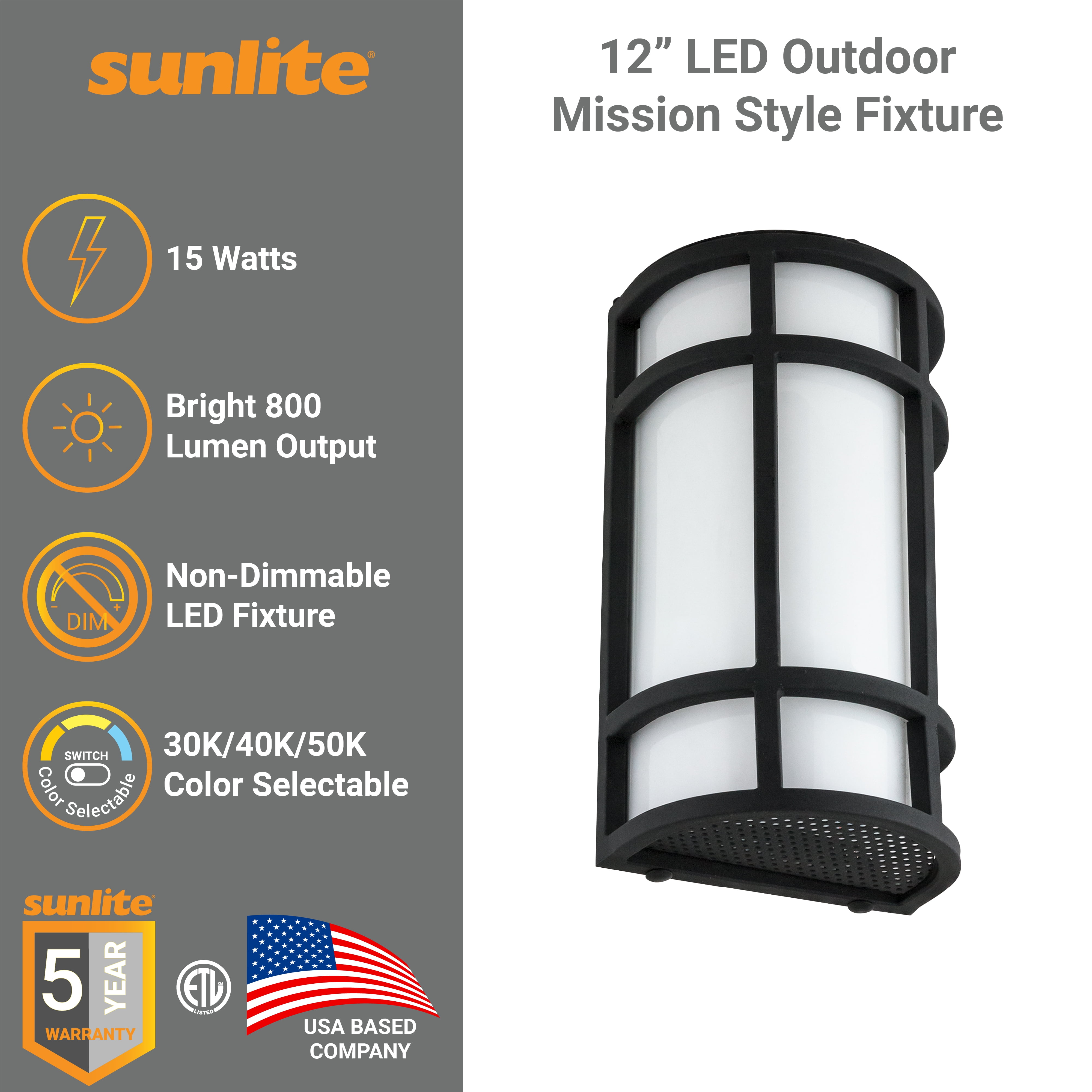 Sunlite 12” LED Outdoor Mission Style Light Fixture, Half Cylinder Wall Sconce, Selectable 3 CCT 3000K-5000K, 15 Watts, 800 Lumens, Non-Dimmable, Black Frame, For Porches, Garage & Entryways