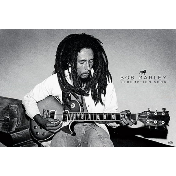 BUY ART FOR LESS Officially Licensed Bob Marley Redemption Song Black and White Playing Guitar 24 x 36 Inch Art Poster - Decorative Print - Poster Paper - Ready to Frame