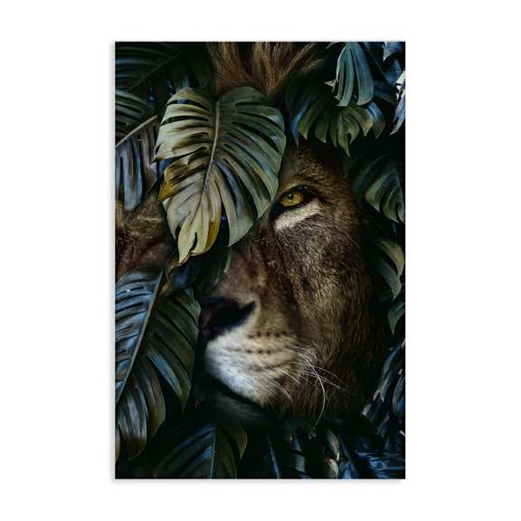 Stupell Industries Lion Peering Monstera Leaves Plants & Flowers Painting Wrapped Canvas Art Print Wall Art, 24 x 36