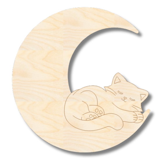Unfinished Wood Etched Sleeping Kitten on Moon Shape 6" / 1/8"