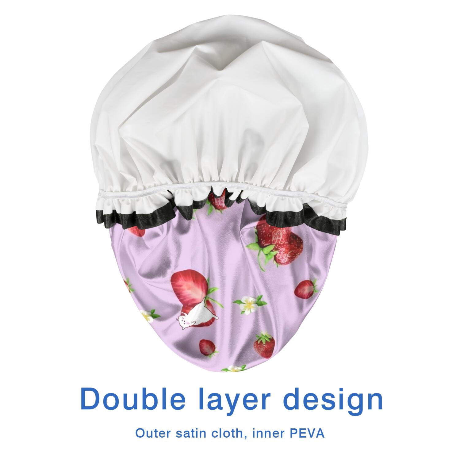 Shower Caps,Strawberry Plants Fruit Cat Flower Waterproof Shower Cap for Women 4 Pieces,Double Reusable Hair Cover for Shower PEVA Elastic Stretch Hem