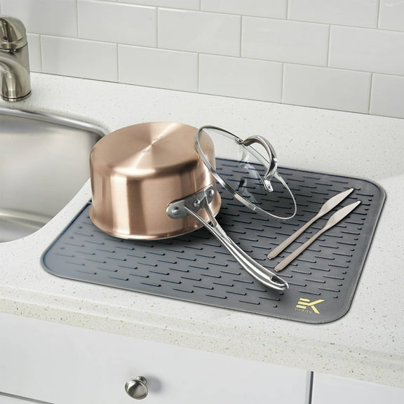 Eekay Wares XXL Grey Silicone Drying Mat with bonus silicone spoon rest & storage band for easy storage- Easy Clean, Heat Resistant, Antibacterial ( 21 X 18 Inches )