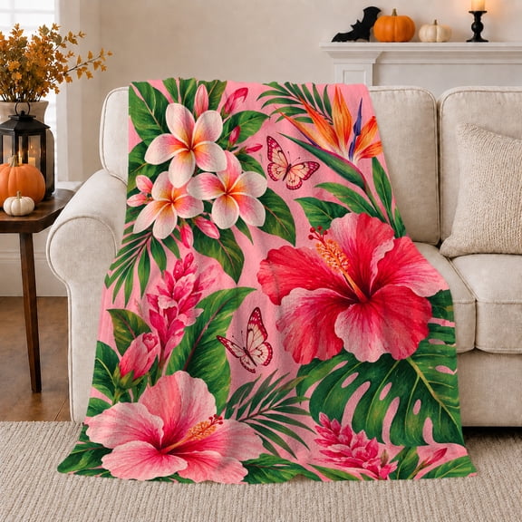 Tropical Hibiscus Blooms Lush Green Leaves Painterly Botanical, Cozy Bird Art Scene, Warm Flannel Blanket for Sunroom and Reading Nook, Bird Lovers decorative theme Gift, Artistic Home Decor