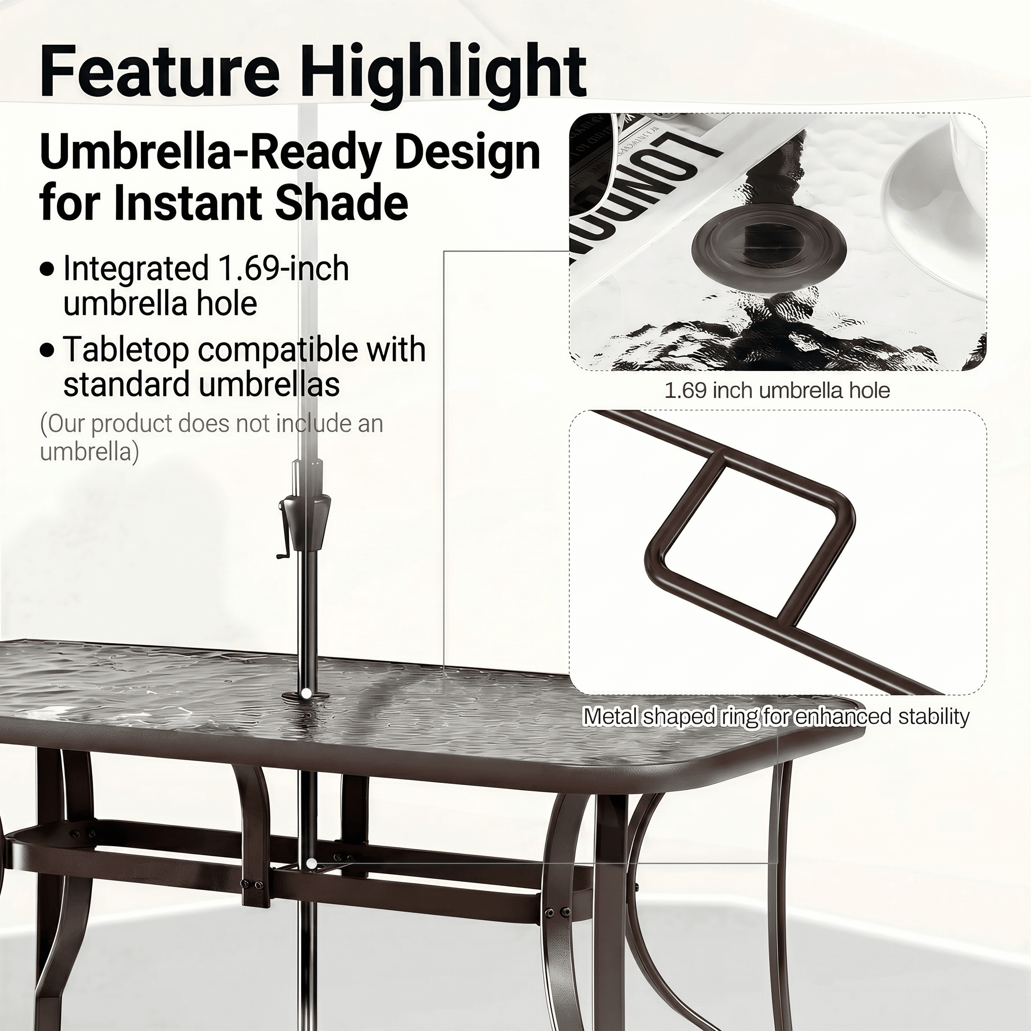TLSUNNY Outdoor Patio Table and Chairs Set, Rectangular Glass Dining Table W/ Umbrella Hole & 6 Stackable Chairs, for Lawn, Poolside, Backyard (Umbrella Not Included)