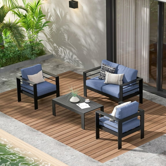 RoyalCraft Outdoor Patio Furniture Set, 4 Pieces Aluminum Sectional Sofa, Metal Patio Conversation Set with Loveseat, 5 Inch Light Grey Cushion and Coffee Table, Blue