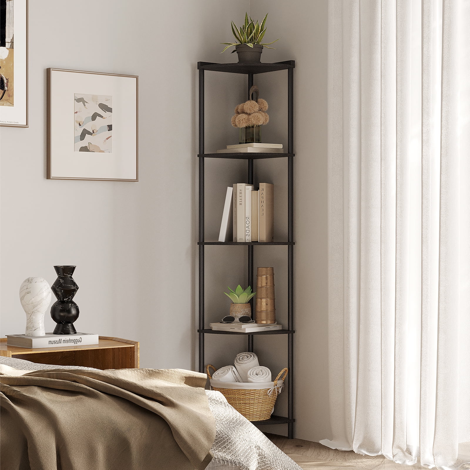 SUNMORY 5-Tier Industrial Corner Shelf Stand, 65" Corner Bookcase Display Shelves, Wall Corner Bookshelf Multi Unit Organizer, Tall Shelf Plant Stand for Bedroom, Bathroom, Living Room, Kitchen