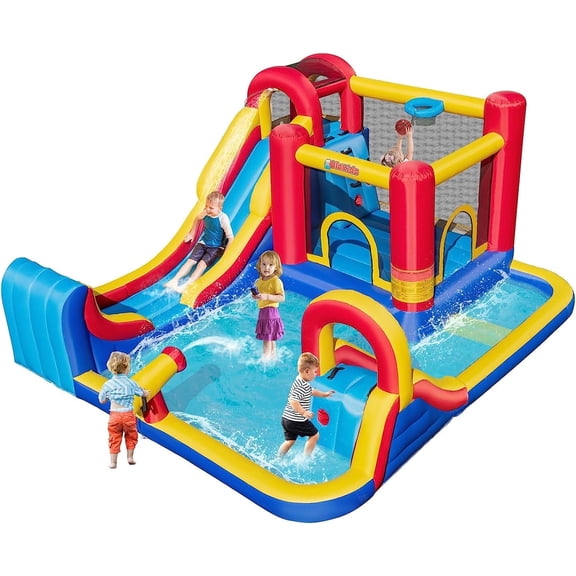 OLAKIDS Inflatable Water Slide, 8 in 1 Bounce House Water Park with 2 Slides Splash Pools, Climbing Wall, Water Blaster, Basketball Rim, Outdoor Inflatable Obstacle Course for Kids without air blower
