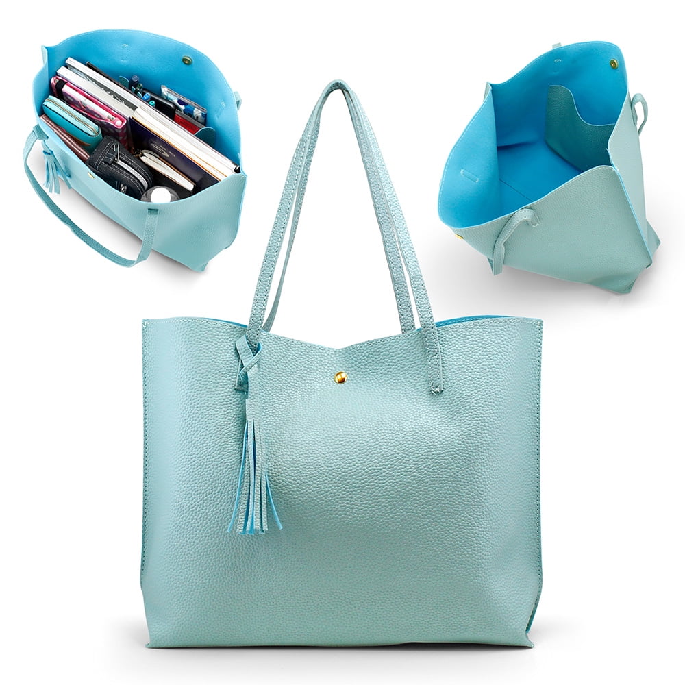 Women Tote Bag Tassels Leather Shoulder Female Handbags Light Blue