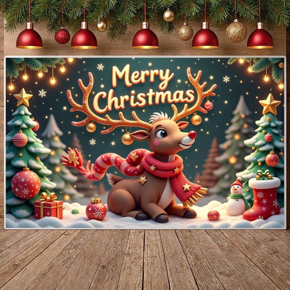 Reindeer Theme Christmas Banner Golden Stars Holiday Backdrop Colorful Ornaments Snowflake Pattern Xmas Display for Christmas Party Indoor Decoration Family Gathering