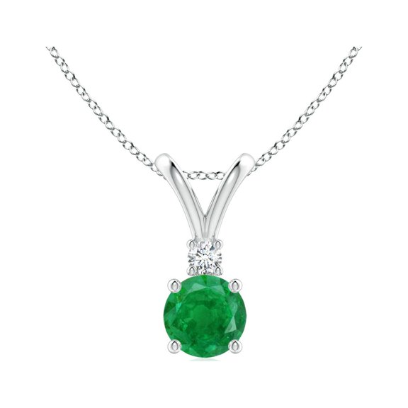 ANGARA Natural Round Emerald Solitaire V-Bale Pendant with Diamond in 14K White Gold for Women (Size-5mm) | May Birthstone, Birthday, Anniversary, Jewelry Gift for Women | Natural Emerald Necklace