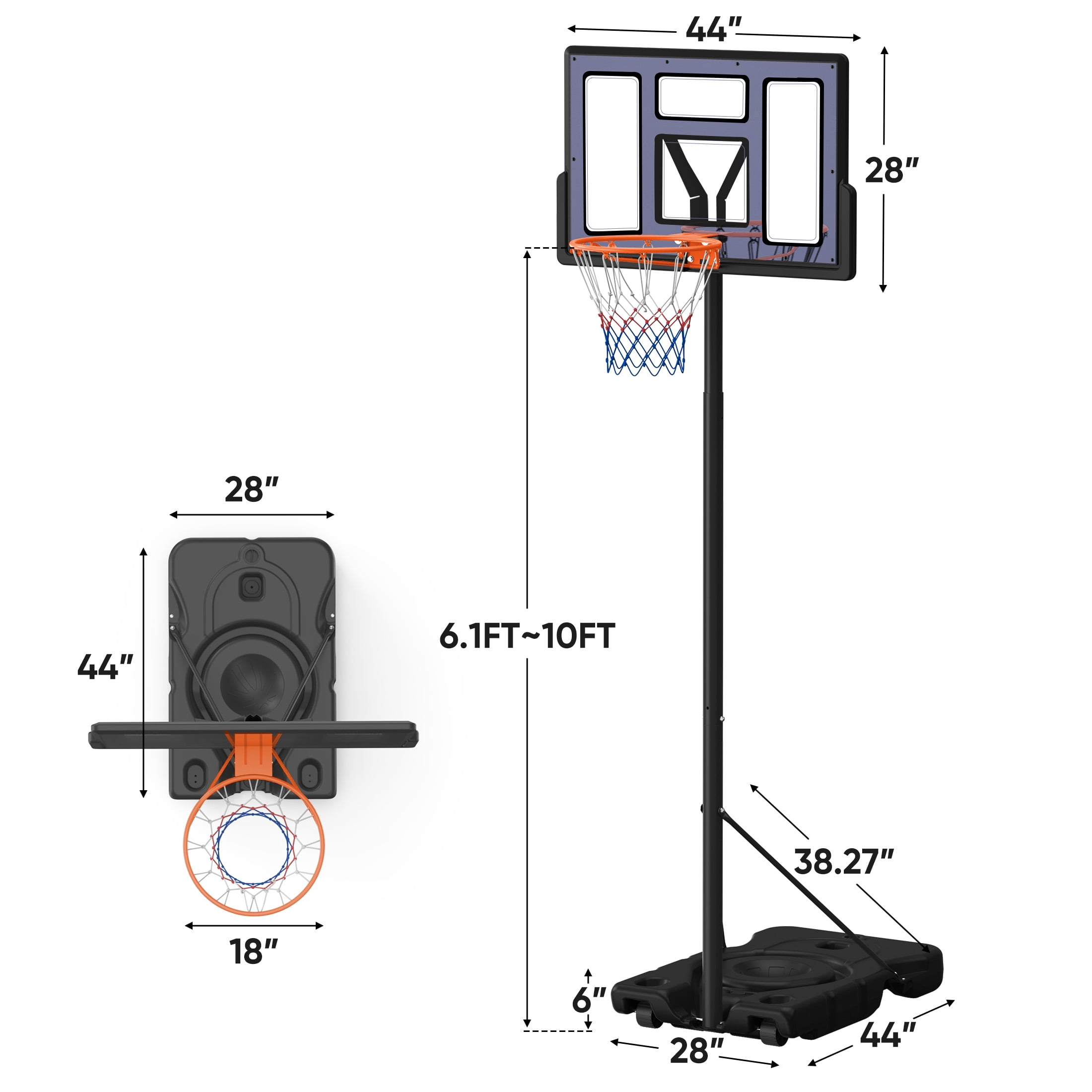 Edx 6.1ft-10ft Adjustable Height 44" Shatterproof Outdoor Portable Basketball System (Adult), Grey