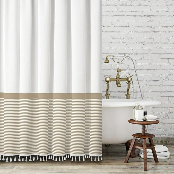 Seasonwood Beige Shower Curtain White Striped Tassel Shower Curtains for Bathroom Neutral Shower Curtain Set with Hooks 72x72