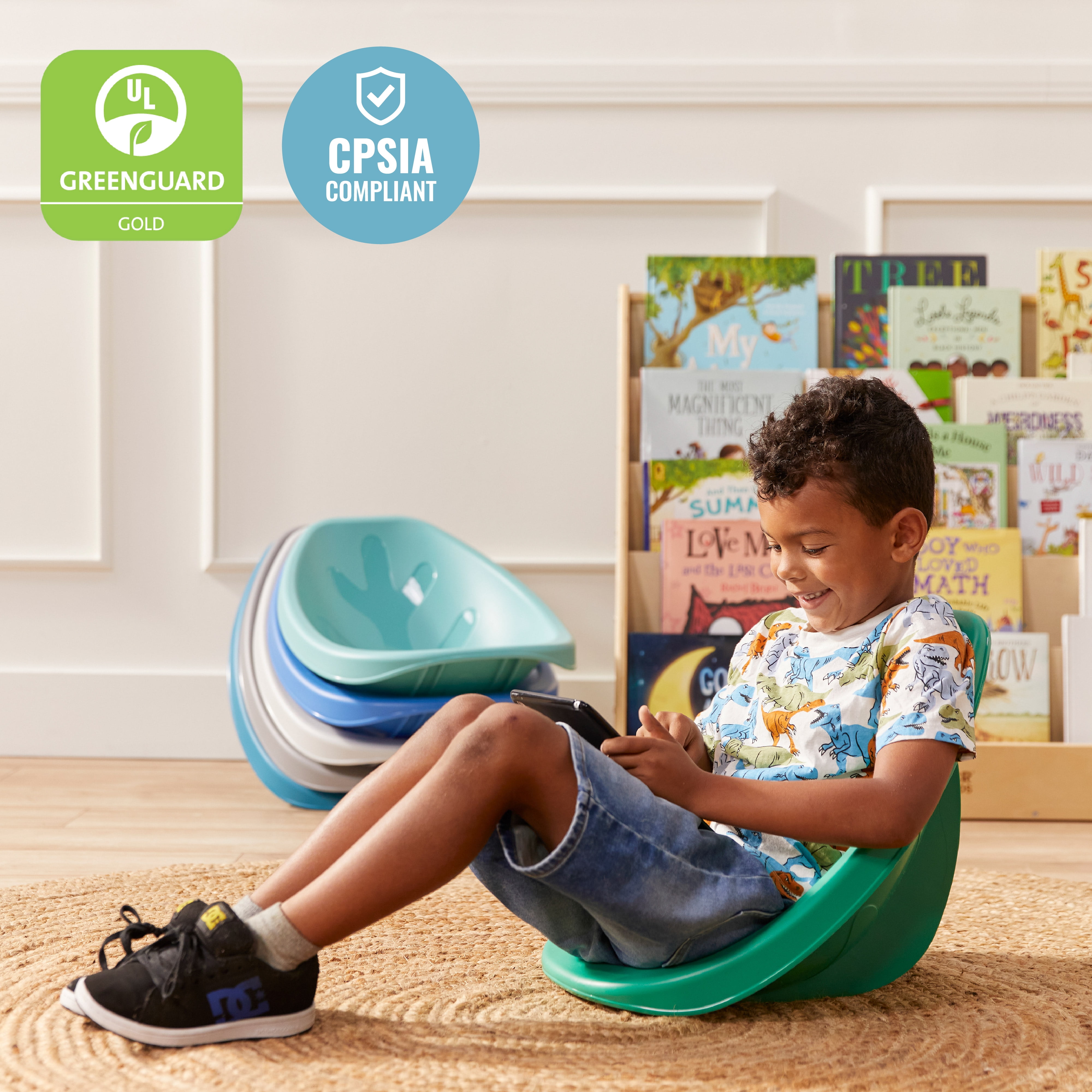 ECR4Kids Plastic Leaf Scoop Floor Rocker Seat, Classroom Furniture, Contemporary, 6-Piece