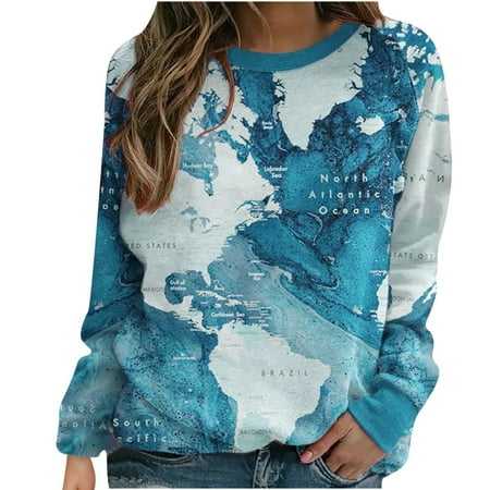 

Ziloco Women s Fashion Printed Loose T-shirt Long Sleeves Blouse Round Neck Casual Tops long sleeve tops for women scrub tops women Blue M