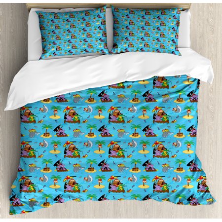 Tropical Queen Bedding Sets Pirates Queen Size Duvet Cover Set, Friendly and Funny Cartoon Animals Floating on Blue Sea Tropical Island Treasure, Decorative 3 Piece Bedding Set with 2 Pillow Shams, Multicolor, by Ambesonne ()