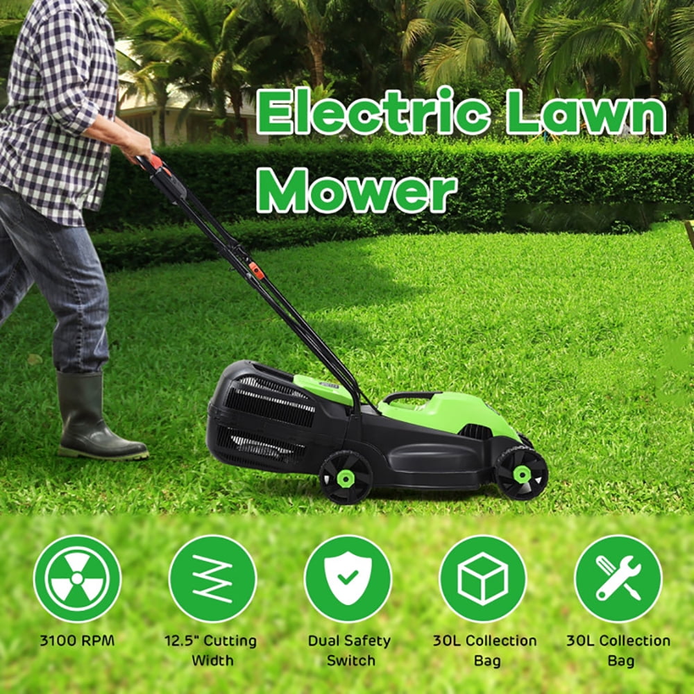 Kepooman 14 Inch Electric Push Lawn Corded Mower with Grass Bag-Green