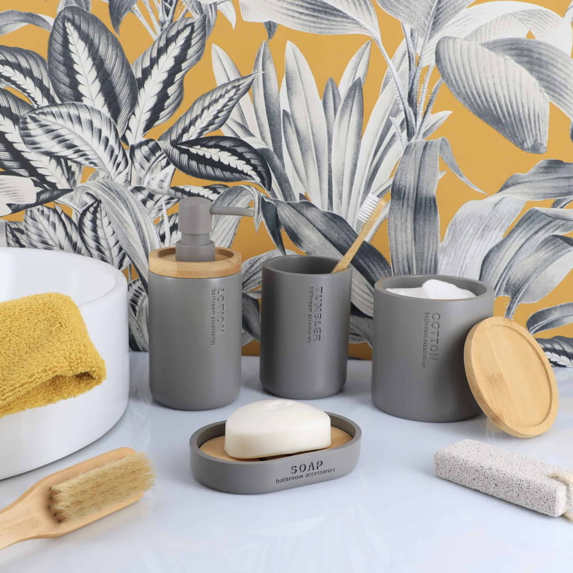 Modern Matte Gray Soap Dispenser with Natural Bamboo Accent - Polyresin Hand Lotion Pump, Contemporary Bathroom Accessory