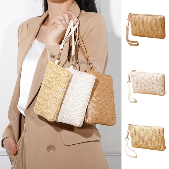 Woven Straw Clutch Purse Handbag for Women Large Capacity Zippered Phone Wallet Daily Use Envelope Bag