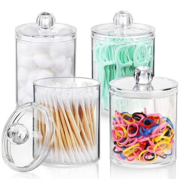 ZOUYUE 4Pcs Acrylic Clear Qtip Bathroom Canisters with Lids,Cosmetic Cotton Holder and Bathroom Accessories Jars