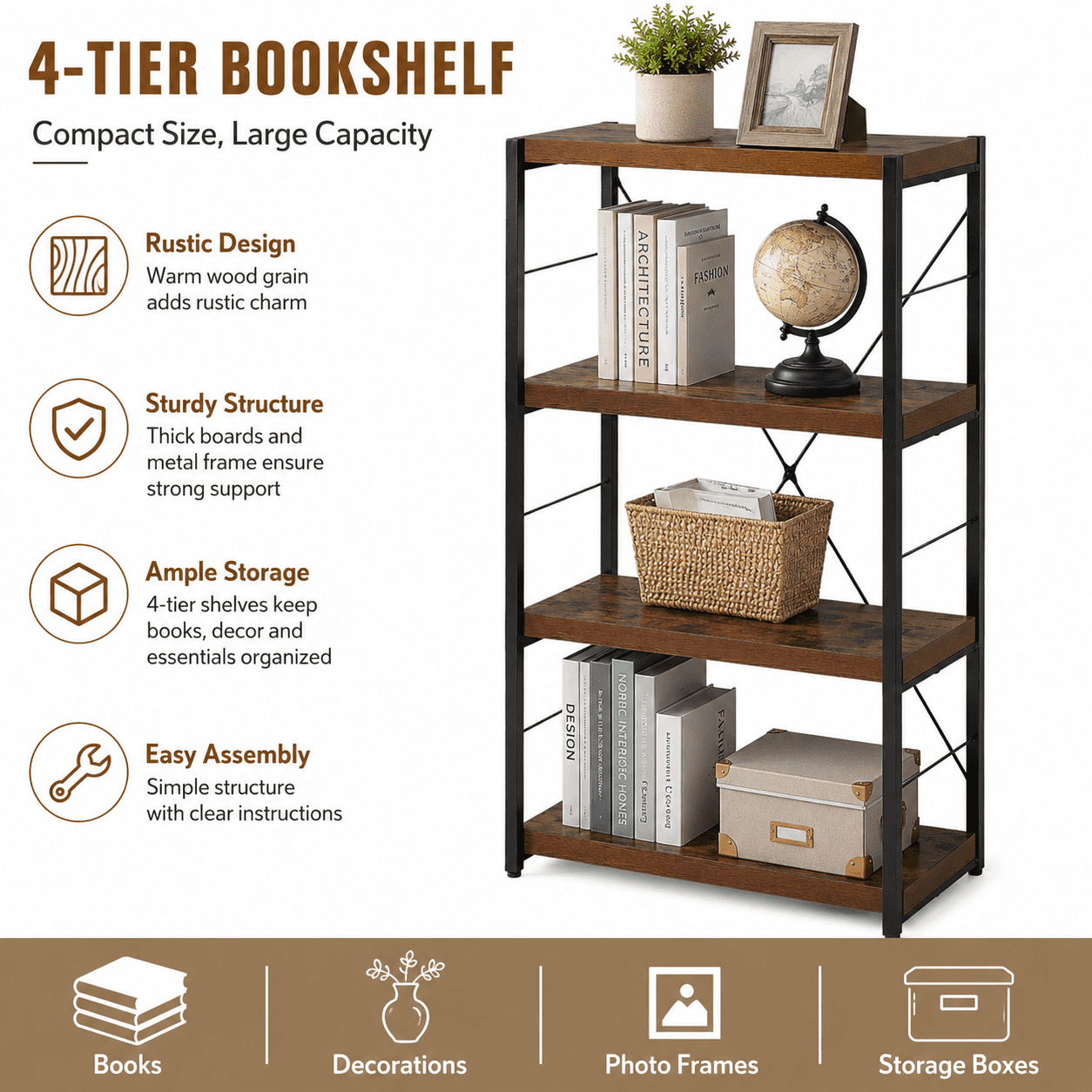 MOONMISS 4-Tier Open Bookshelf,Weathered Wood Finish & Powder-Coated Black Metal,Durable Fixed Shelves,Compact Storage Rack for Small Spaces,24''Wide x 43'' Tall